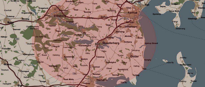 Kort: Træfældning og beskæring mellem Aarhus, Silkeborg og Horsens